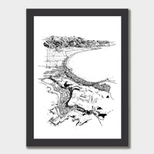 Load image into Gallery viewer, A black and white illustrated print of Kaikōura laid out on white paper within a black frame, against a white wall.