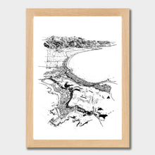 Load image into Gallery viewer, A black and white illustrated print of Kaikōura laid out on white paper within a light wooden frame, against a white wall.