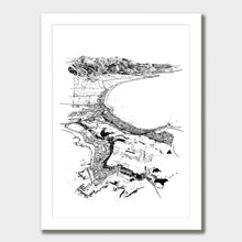 Load image into Gallery viewer, A black and white illustrated print of Kaikōura laid out on white paper within a white frame, against a white wall.