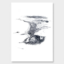 Load image into Gallery viewer, A black and white illustrated print of Mt Maunganui laid out on white paper against a white wall.