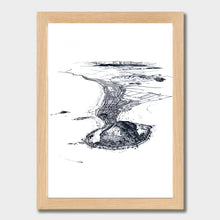 Load image into Gallery viewer, A black and white illustrated print of Mt Maunganui laid out on white paper within a light wooden frame against a white wall.