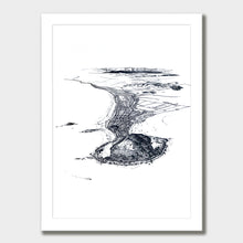 Load image into Gallery viewer, A black and white illustrated print of Mt Maunganui laid out on white paper within a white frame against a white wall.