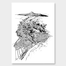 Load image into Gallery viewer, A black and white illustrated print of New Plymouth laid out on white paper, against a white wall.