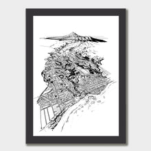 Load image into Gallery viewer, A black and white illustrated print of New Plymouth laid out on white paper within a black frame, against a white wall.