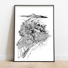 Load image into Gallery viewer, A black and white illustrated print of New Plymouth laid out on white paper, framed in a black frame, leaning on a white wall and wooden flooring.