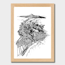 Load image into Gallery viewer, A black and white illustrated print of New Plymouth laid out on white paper within a light wooden frame, against a white wall.