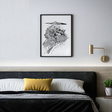 Load image into Gallery viewer, A black and white illustrated print of New Plymouth laid out on white paper within a black frame hanging on a white wall above a bed.