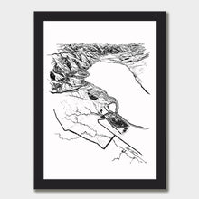 Load image into Gallery viewer, A black and white illustrated print of Lake Ōhau laid out on white paper within a black frame, against a white wall.