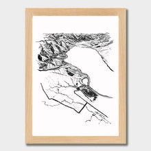Load image into Gallery viewer, A black and white illustrated print of Lake Ōhau laid out on white paper within a light wooden frame, against a white wall.