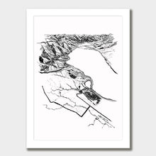 Load image into Gallery viewer, A black and white illustrated print of Lake Ōhau laid out on white paper within a white frame, against a white wall.