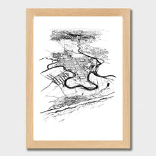 Load image into Gallery viewer, A black and white illustrated print of Ōpōtiki laid out on white paper within a light wooden frame, against a white wall.