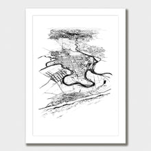 Load image into Gallery viewer, A black and white illustrated print of Ōpōtiki laid out on white paper within a white frame, against a white wall.