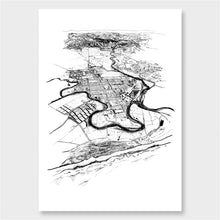 Load image into Gallery viewer, A black and white illustrated print of Ōpōtiki laid out on white paper, against a white wall.