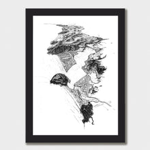 Load image into Gallery viewer, A black and white illustrated print of Pauanui laid out on white paper within a black frame, against a white wall.