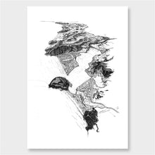 Load image into Gallery viewer, A black and white illustrated print of Pauanui laid out on white paper, against a white wall.