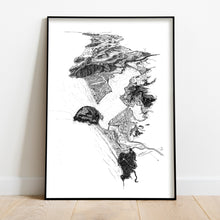Load image into Gallery viewer, A black and white illustrated print of Pauanui laid out on white paper, framed in a black frame, leaning on a white wall and wooden flooring.