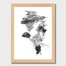 Load image into Gallery viewer, A black and white illustrated print of Pauanui laid out on white paper within a light wooden frame, against a white wall.
