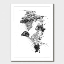 Load image into Gallery viewer, A black and white illustrated print of Pauanui laid out on white paper within a white frame, against a white wall.