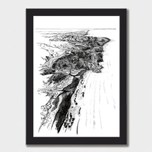 Load image into Gallery viewer, A black and white illustrated map of Piha laid out on white paper within a black frame, against a white wall.