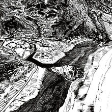 Load image into Gallery viewer, A close up of a black and white illustrated map of Piha laid out on white paper.