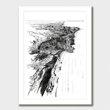 Load image into Gallery viewer, A black and white illustrated map of Piha laid out on white paper within a white frame, against a white wall.
