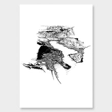 Load image into Gallery viewer, A black and white illustrated print of Queenstown laid out on white paper against a white wall.