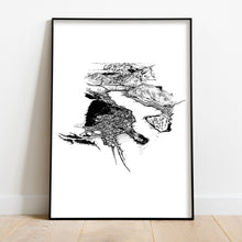 Load image into Gallery viewer, A black and white illustrated print of Queenstown laid out on white paper framed in a black frame leaning on a white wall and wooden flooring.