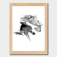 Load image into Gallery viewer, A black and white illustrated print of Queenstown laid out on white paper within a light wooden frame against a white wall.