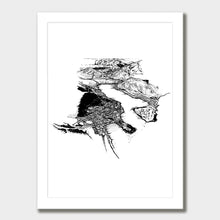 Load image into Gallery viewer, A black and white illustrated print of Queenstown laid out on white paper within a white frame against a white wall.