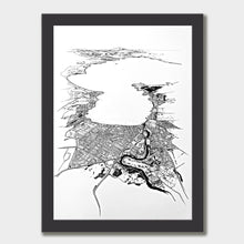 Load image into Gallery viewer, A black and white illustrated print of Taupō laid out on white paper within a black frame, against a white wall.