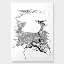 Load image into Gallery viewer, A black and white illustrated print of Taupō laid out on white paper, against a white wall.