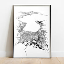 Load image into Gallery viewer, A black and white illustrated print of Taupō laid out on white paper, framed in a black frame, leaning on a white wall and wooden flooring.