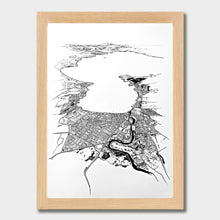 Load image into Gallery viewer, A black and white illustrated print of Taupō laid out on white paper within a light wooden frame, against a white wall.