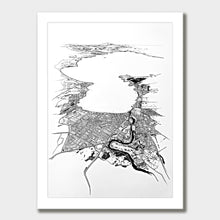 Load image into Gallery viewer, A black and white illustrated print of Taupō laid out on white paper within a white frame, against a white wall.