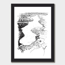 Load image into Gallery viewer, A black and white illustrated print of Te Anau laid out on white paper within a black frame, against a white wall.