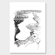 Load image into Gallery viewer, A black and white illustrated print of Te Anau laid out on white paper, against a white wall.