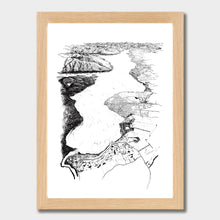 Load image into Gallery viewer, A black and white illustrated print of Te Anau laid out on white paper within a light wooden frame, against a white wall.