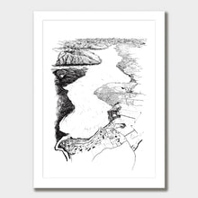 Load image into Gallery viewer, A black and white illustrated print of Te Anau laid out on white paper within a white frame, against a white wall.