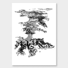 Load image into Gallery viewer, A black and white illustrated print of Waiheke Island laid out on white paper, against a white wall.