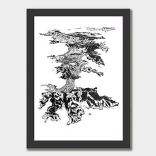 Load image into Gallery viewer, A black and white illustrated print of Waiheke Island laid out on white paper within a white frame, against a white wall.