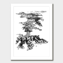 Load image into Gallery viewer, A black and white illustrated print of Waiheke Island laid out on white paper within a white frame, against a white wall.