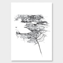 Load image into Gallery viewer, A black and white illustrated print of Wānaka laid out on white paper against a white wall.