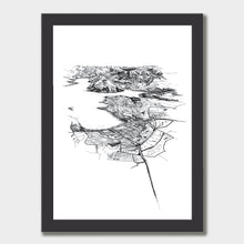 Load image into Gallery viewer, A black and white illustrated print of Wānaka laid out on white paper within a black frame against a white wall.