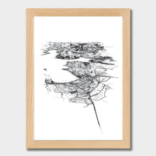 Load image into Gallery viewer, A black and white illustrated print of Wānaka laid out on white paper within a light wooden frame against a white wall.