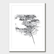 Load image into Gallery viewer, A black and white illustrated print of Wānaka laid out on white paper within a white frame against a white wall.