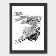 Load image into Gallery viewer, A black and white illustrated print of Wellington City laid out on white paper within a black frame against a white wall.