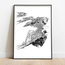 Load image into Gallery viewer, A black and white illustrated print of Wellington City laid out on white paper framed in a black frame leaning on a white wall and wooden flooring.