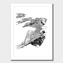 Load image into Gallery viewer, A black and white illustrated print of Wellington City laid out on white paper within a white frame against a white wall.