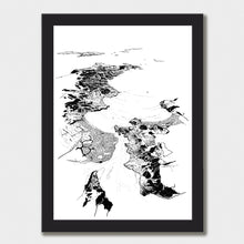 Load image into Gallery viewer, A black and white illustrated print of Whitianga laid out on white paper within a black frame, against a white wall.