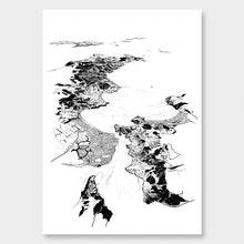 Load image into Gallery viewer, A black and white illustrated print of Whitianga laid out on white paper, against a white wall.